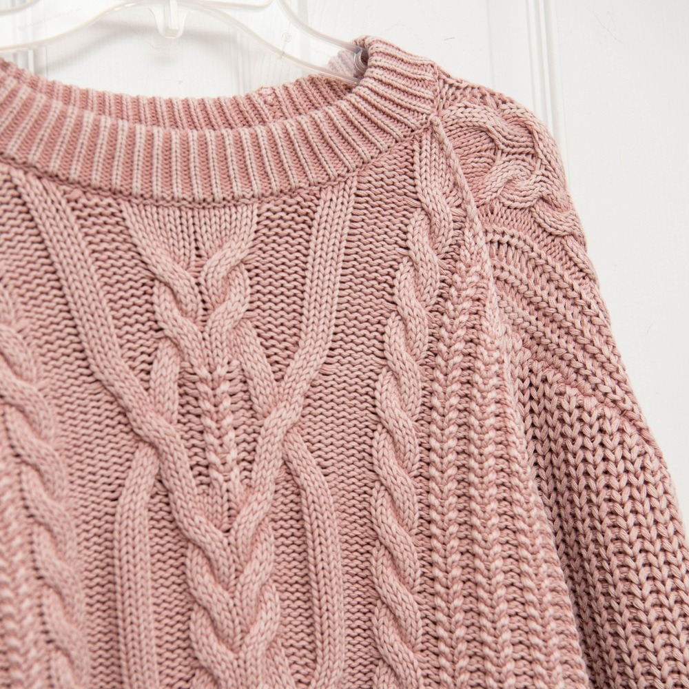 Free People Chunky Cable Knit Balloon Sleeve Sweater‎ Rose Pink Oversized L Boho - Picture 2 of 6